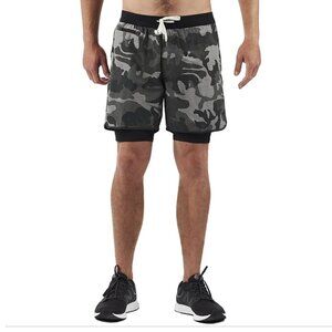 Vuori Stockton 6” Compression Layered Shorts Green Camo Print Drawstring GUC